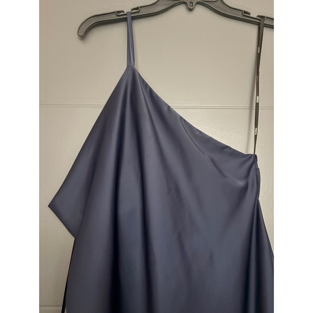 ASOS Navy Blue Satin One Shoulder Midi Dress Cowl Neck High Slit Size US 8 - Picture 5 of 7